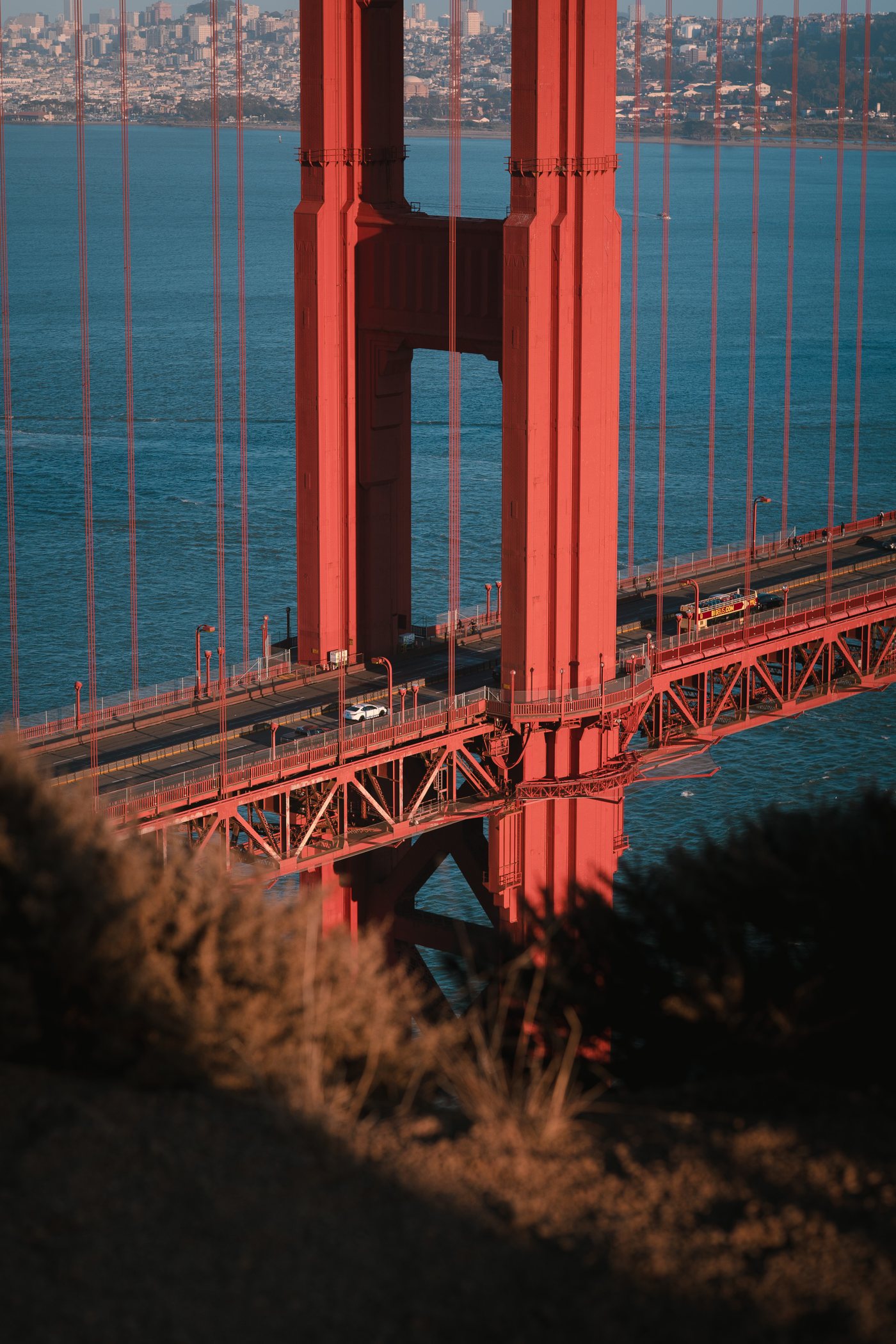 The south tower of the Golden Gate Bridge with San Francisco behind