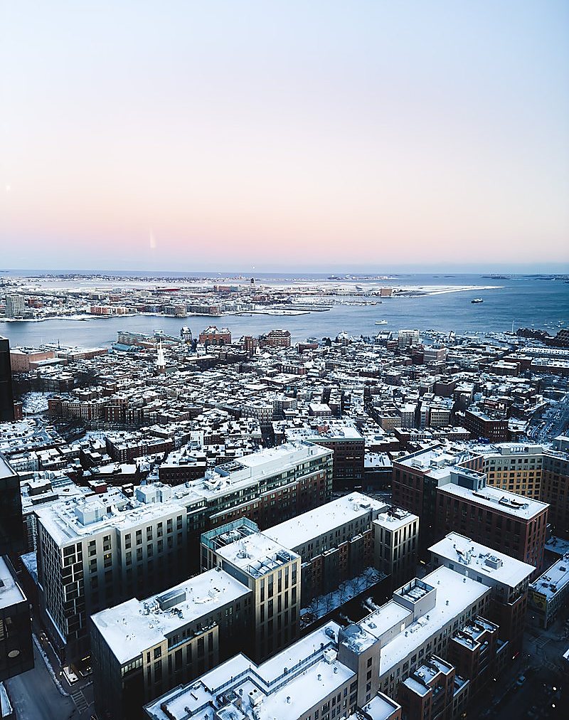 Snow on the rooftops of Boston, seen from above