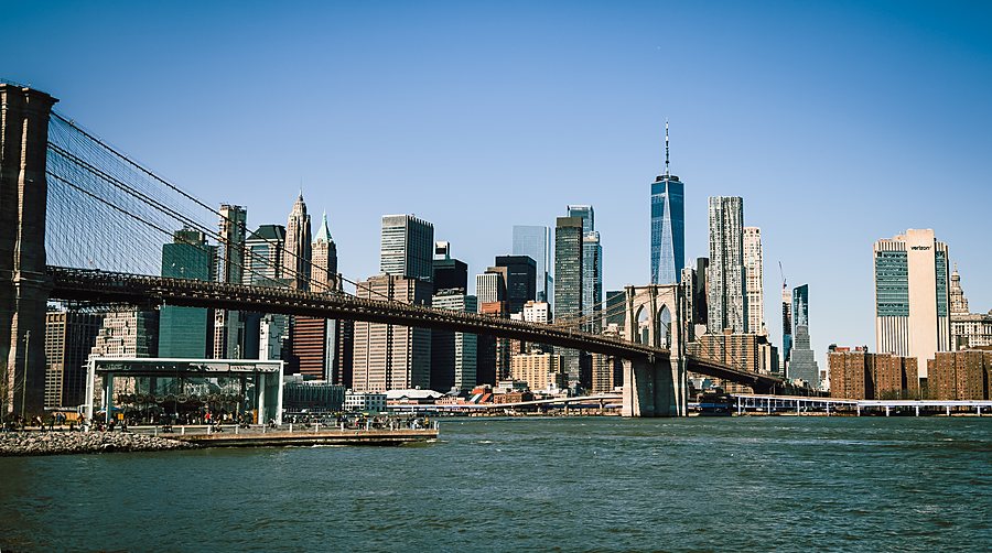 The Brooklyn Bridge and lower Manhattan from the river